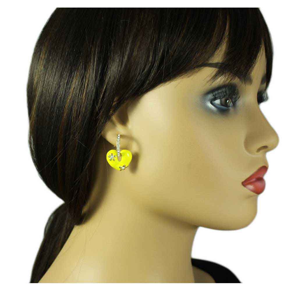Yellow Enamel Heart with Crystal Hoop Pierced Earring - REE406YW - Lilylin Designs