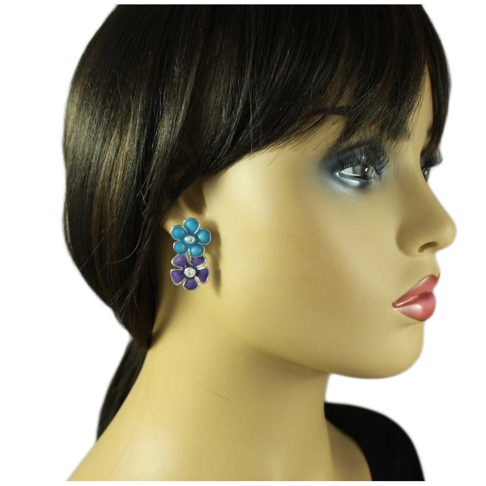 Blue and Purple Enamel Daisies Dangling Pierced Earring - REE407BP - Lilylin Designs