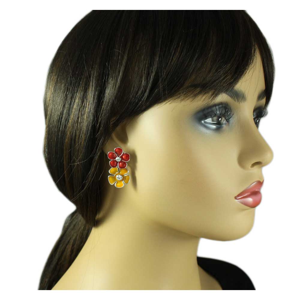 Red and Orange Enamel Daisies Dangling Pierced Earring - REE407RO - Lilylin Designs