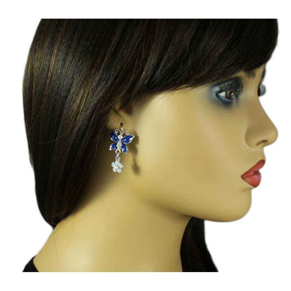 Blue Butterfly with Crystal Daisy Pierced Earring - REE509 - Lilylin Designs