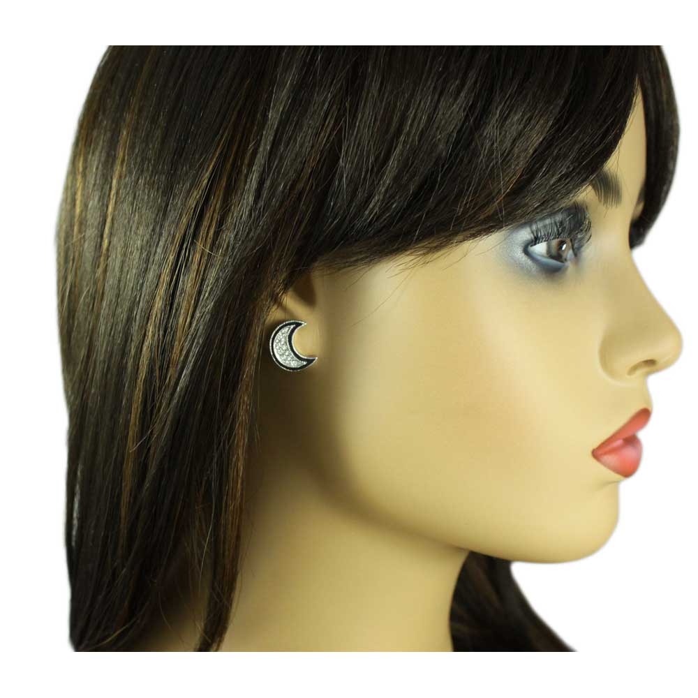 Crescent Moon with Black and Crystal Pierced Earring - REE711 - Lilylin Designs