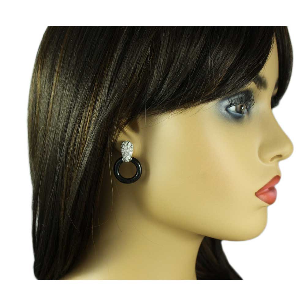 Black and Crystal Doorknocker Pierced Earring in Silver - REE829P - Lilylin Designs