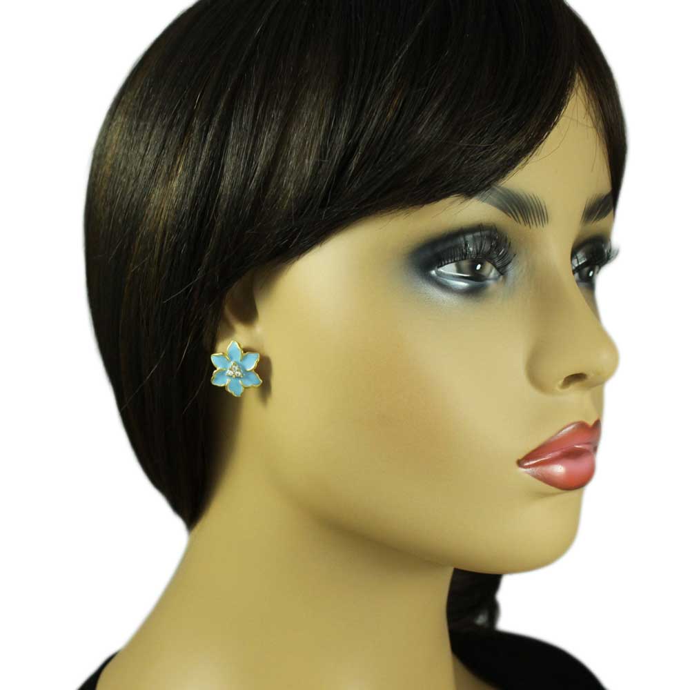 Blue Enamel with Crystals Flower Pierced Earring - REE909BL - Lilylin Designs