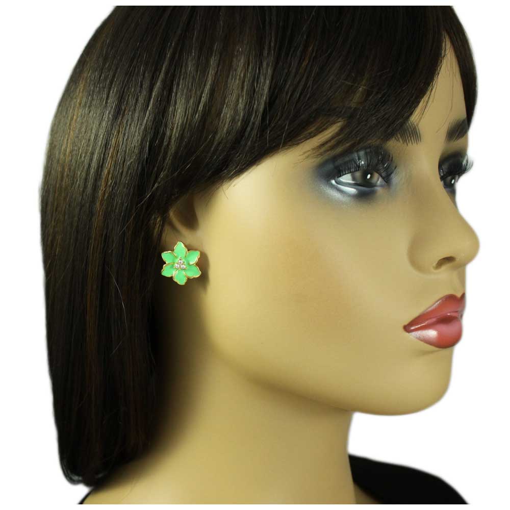 Lime Green Enamel with Crystals Flower Pierced Earring - REE909GN - Lilylin Designs