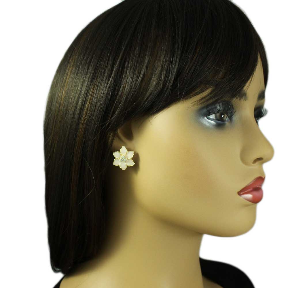 Pale Pink Enamel with Crystals Flower Pierced Earring - REE909LP - Lilylin Designs