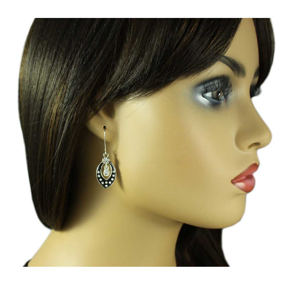 Crystal Spotted Black Enamel Open Teardrop Earring - REE925 - Lilylin Designs