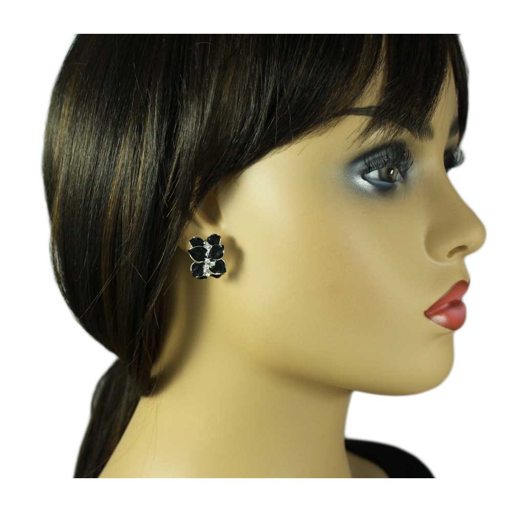 Model with Lilylin Designs Black Glossy Flower with Crystals Clip Earring