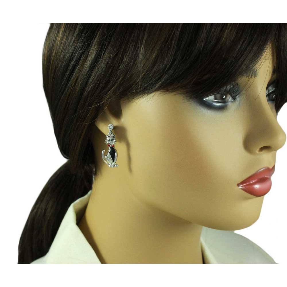 Gray Enamel Tuxedo Cat Dangling Pierced Earring - REE943 - Lilylin Designs