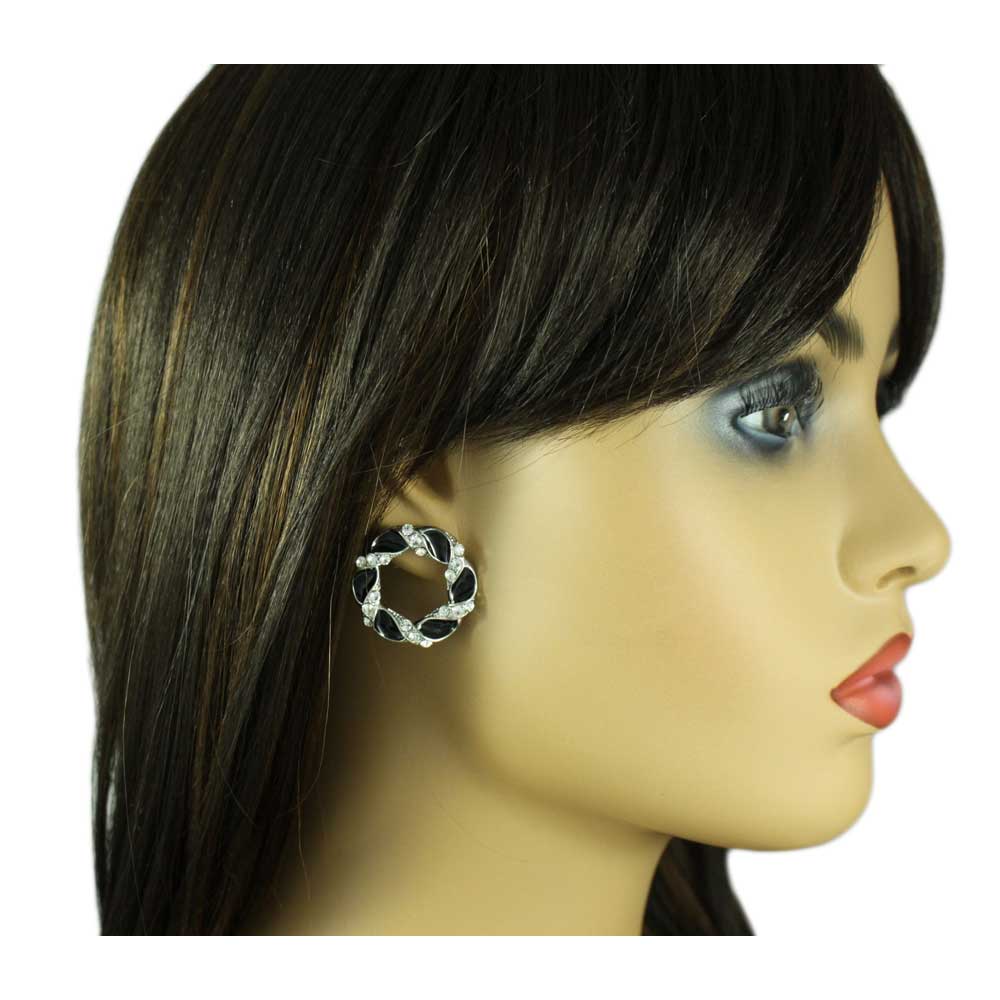 Black Enamel and Crystal Twisted Circle Pierced Earring - REE944 - Lilylin Designs