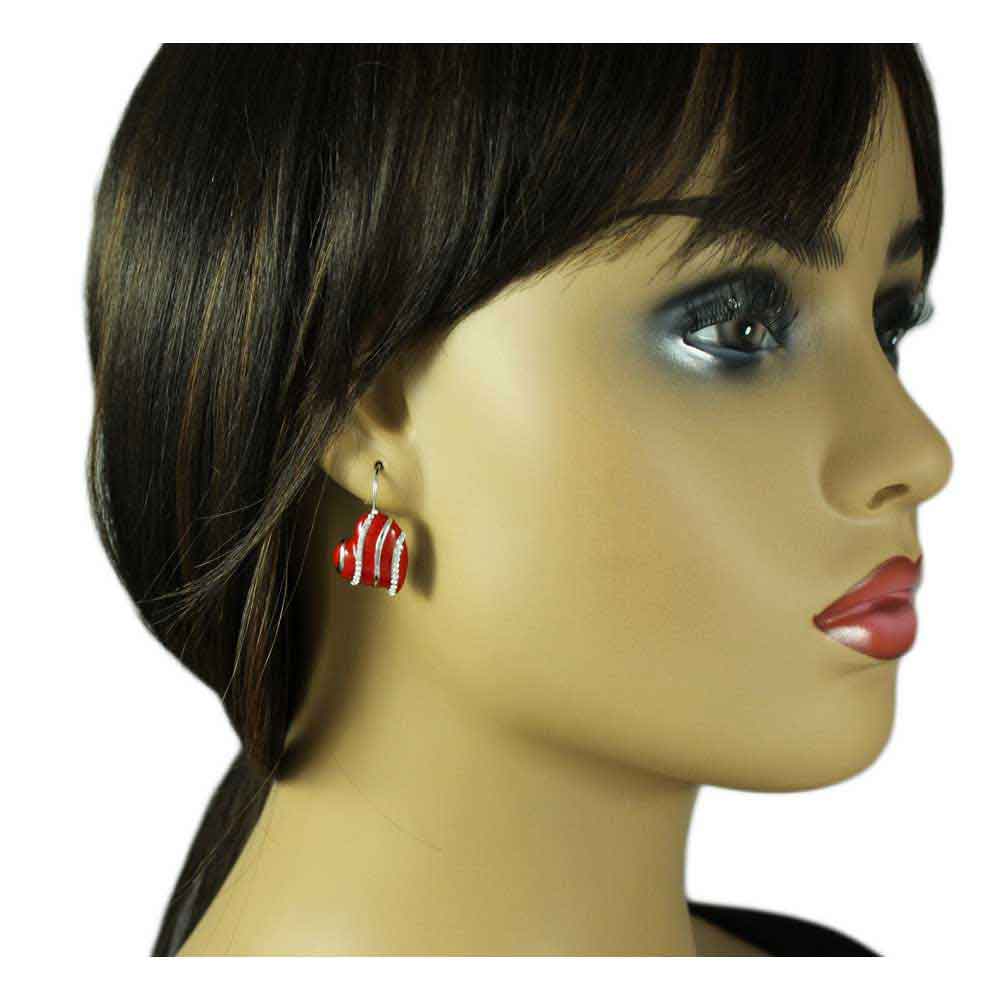 Red with Silver and Crystal Stripes Heart Pierced Earring - REE950 - Lilylin Designs