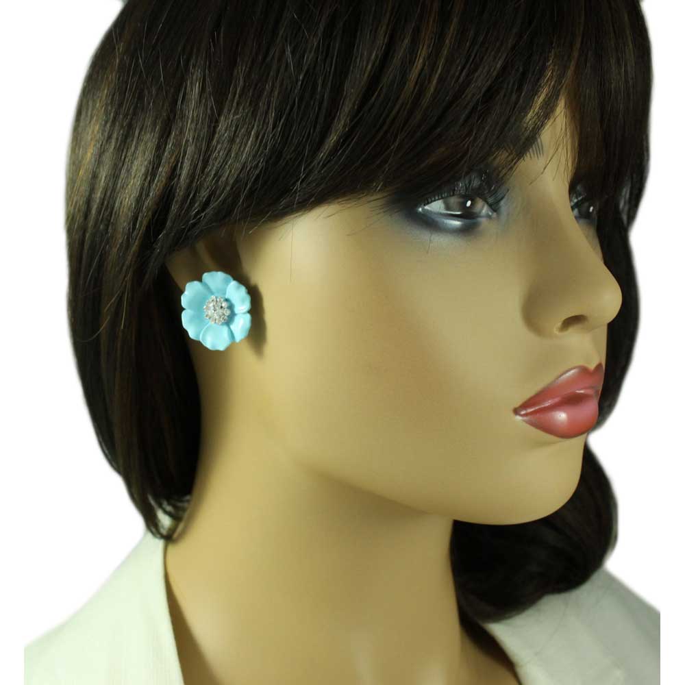 Light Blue Flower with Clear Crystal Center Clip Earring - REE951C - Lilylin Designs
