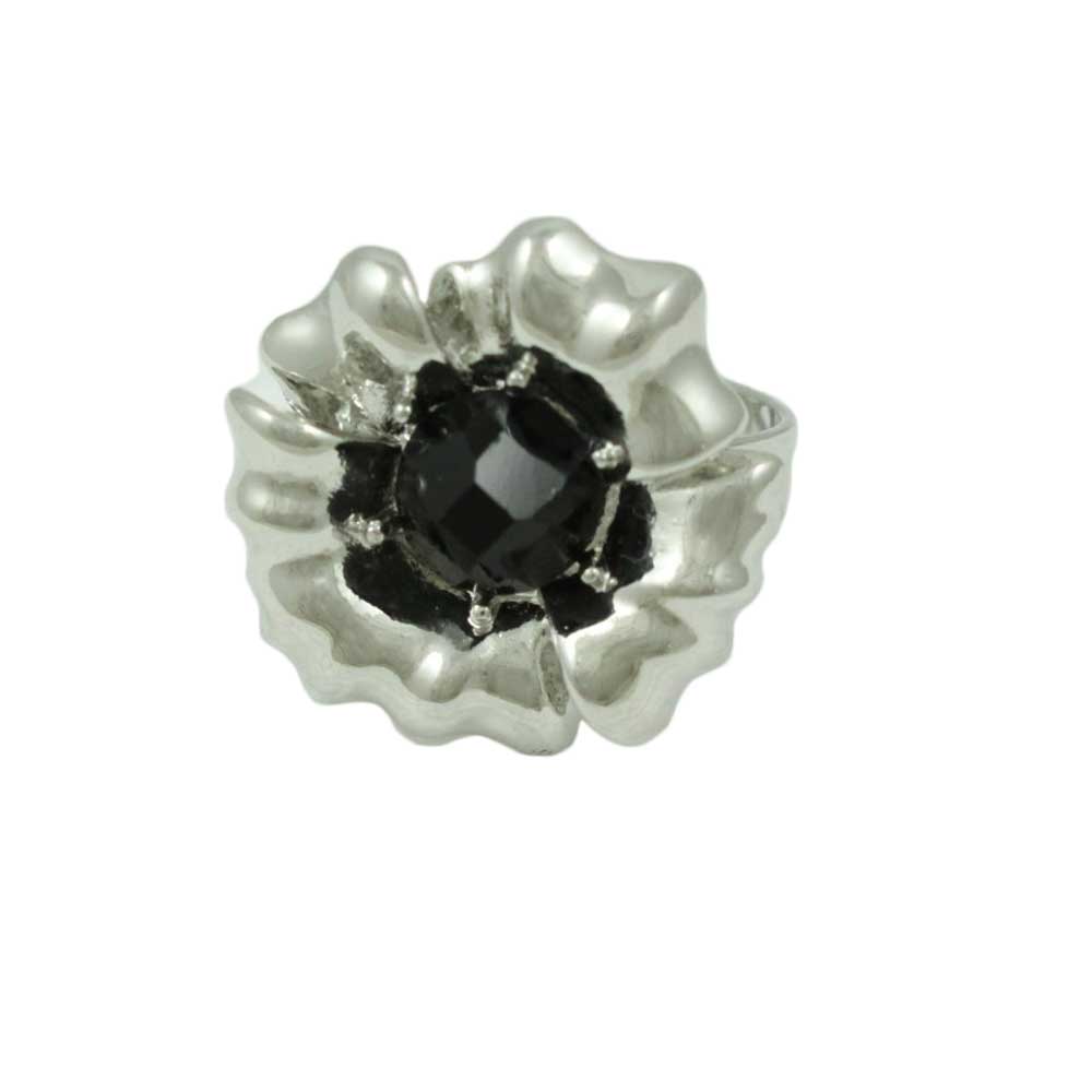 Lilylin Designs Silver Flower with Black Bead Adjustable Ring