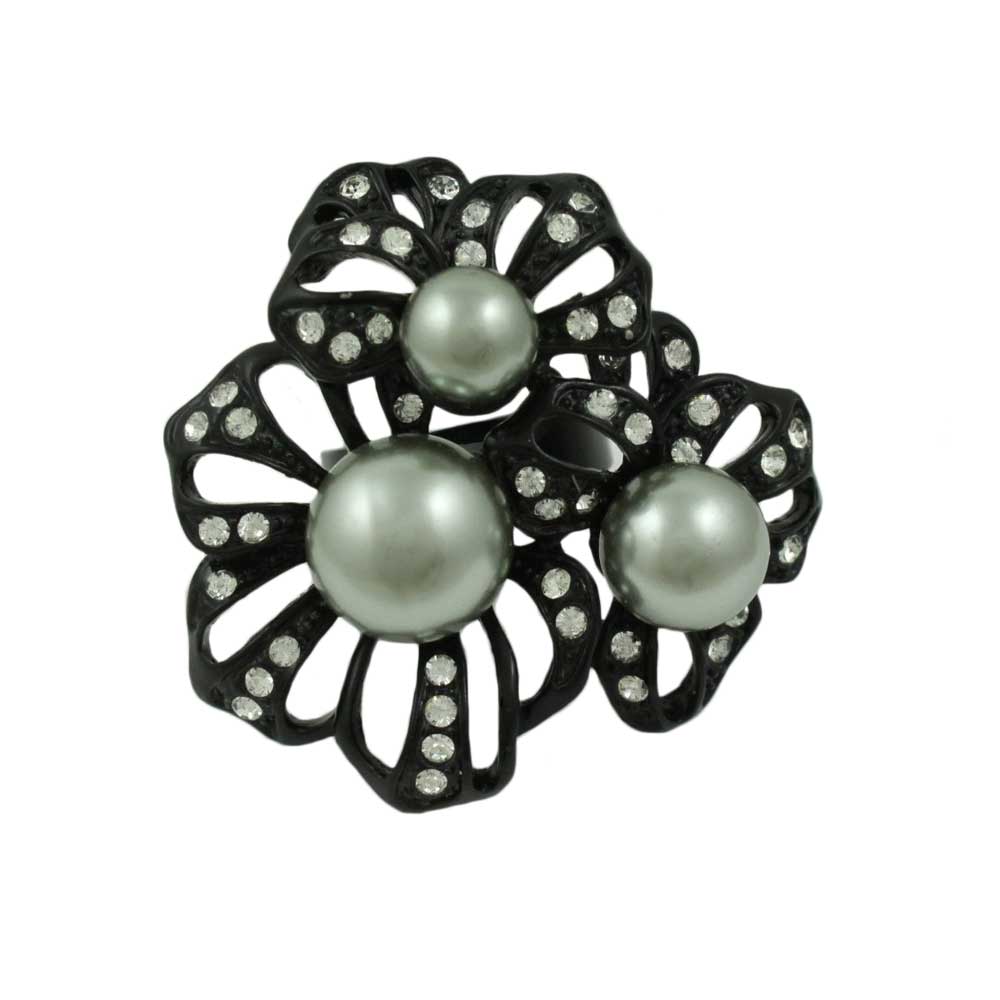 Lilylin Designs Black Enamel Flower with Gray Pearls Adjustable Ring