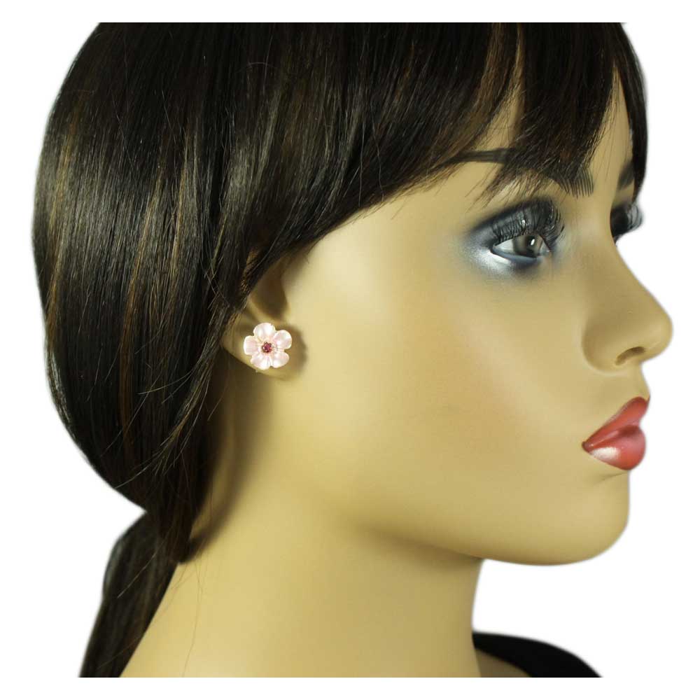 Small Pink Daisy with Pink Crystal Center Stud Earring - RSN270E - Lilylin Designs