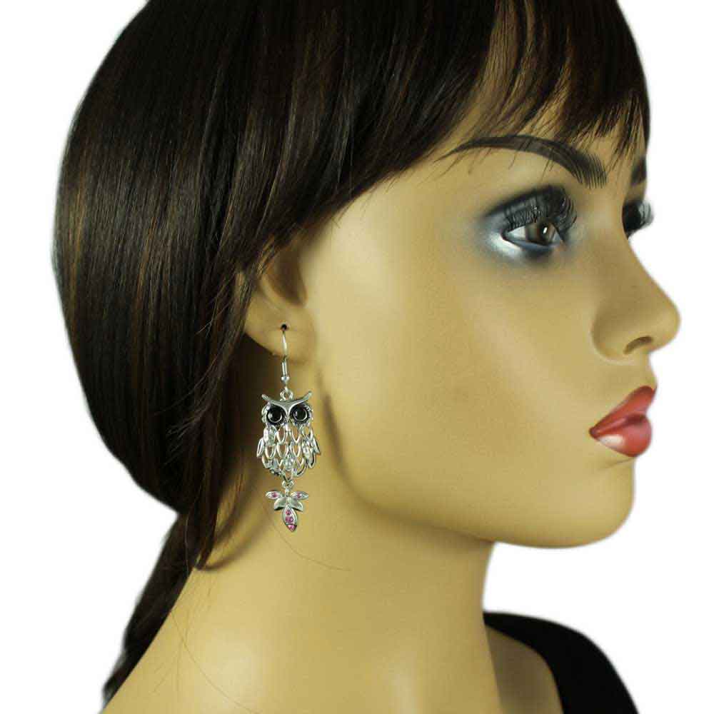Silver Owl with Large Black Eyes Dangling Earring - RSN271E - Lilylin Designs