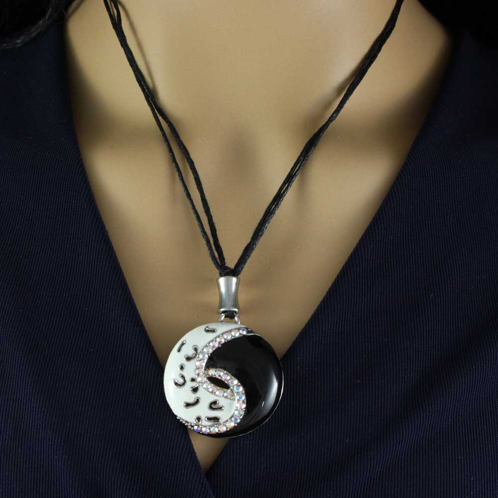 Black and White Enamel and Crystal Yin Yang Necklace - RSN276 - Lilylin Designs