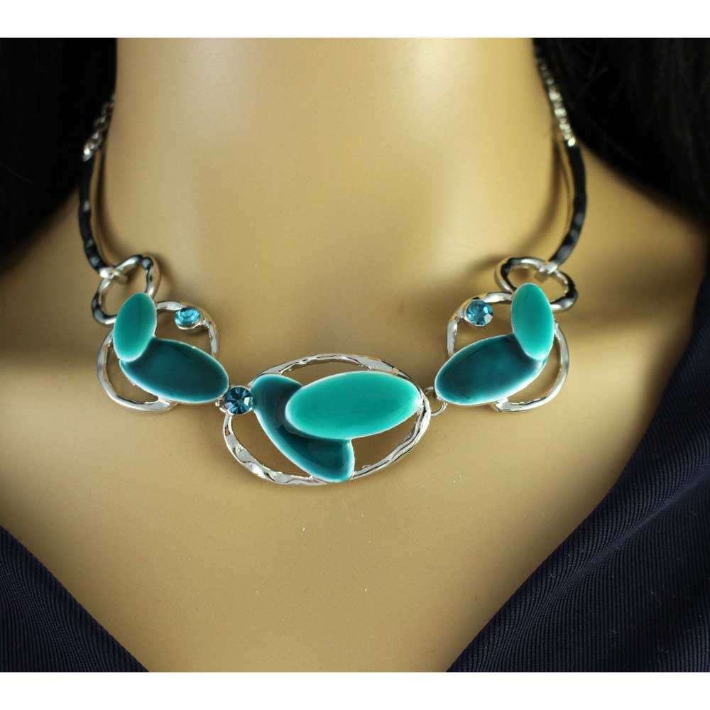 Turquoise Blue Enamel and Silver Ovals Necklace - RSN332 - Lilylin Designs