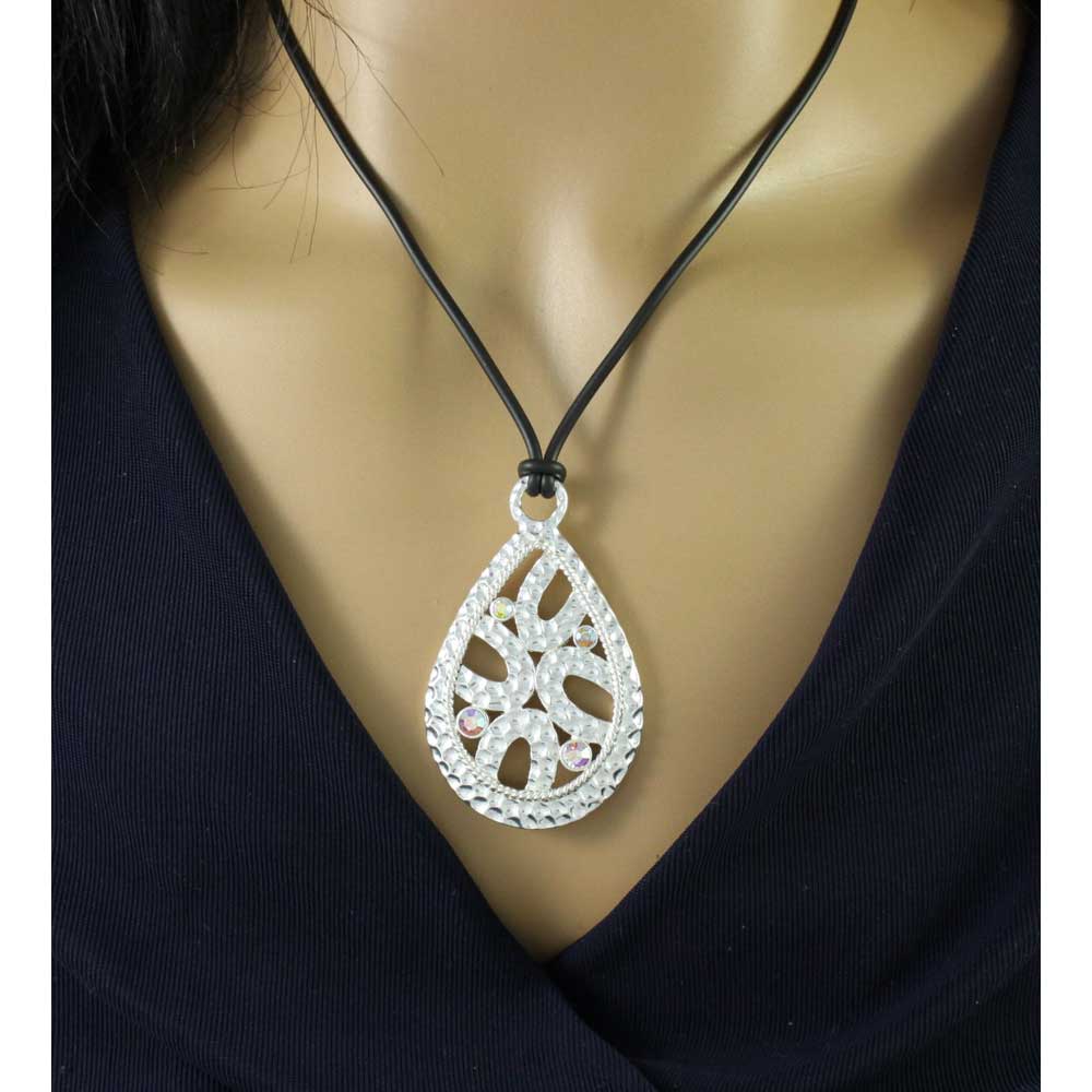 Black Rubber Cord with Silver - tone Teardrop Necklace - RSN402 - Lilylin Designs