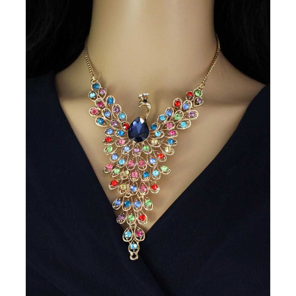 Multi - color Crystal Peacock with Large Blue Crystal Necklace - RSN512 - Lilylin Designs