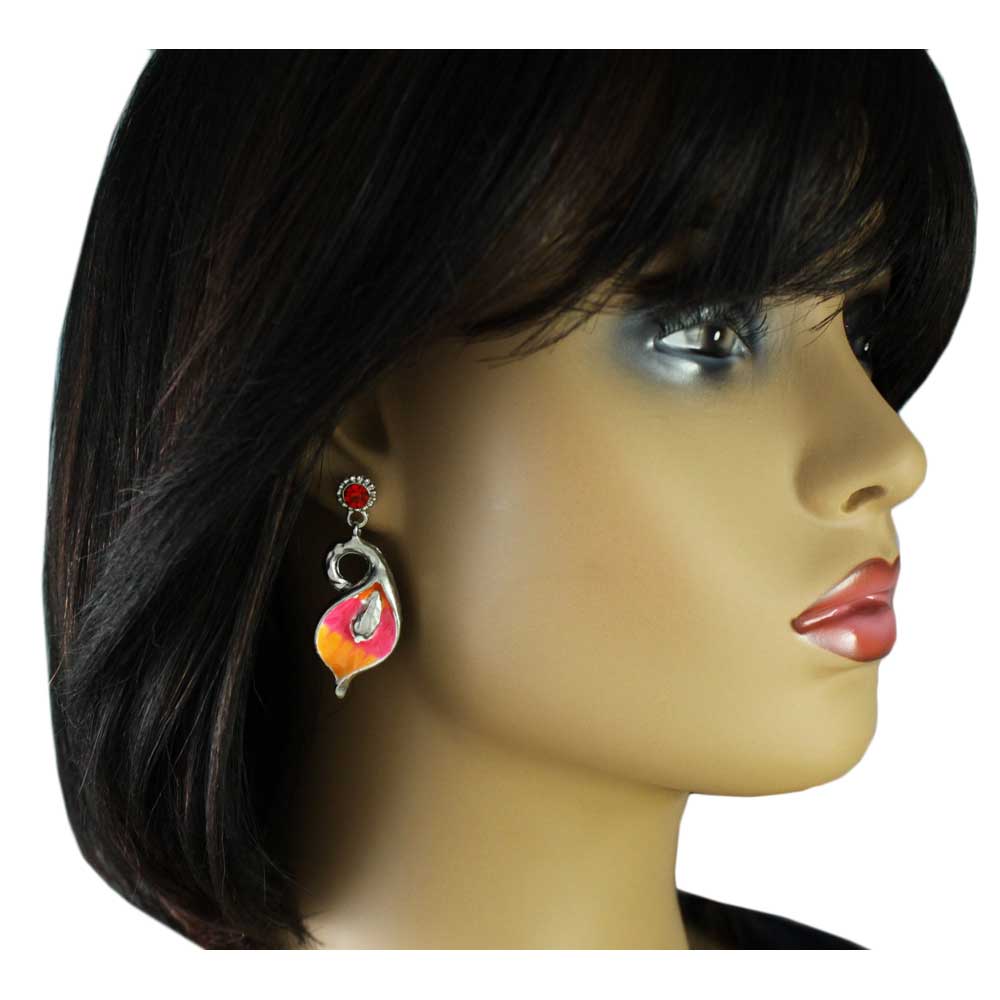 Pink and Orange Enamel and Crystal Calla Lily Earring - RSN517E - Lilylin Designs