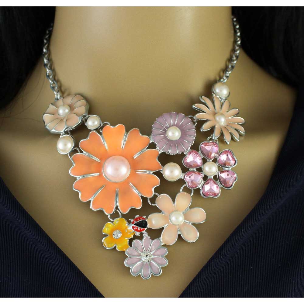 Orange Enamel Garden of Spring Flowers Necklace - RSN520 - Lilylin Designs