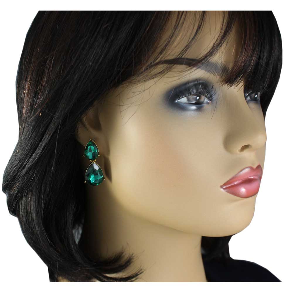 Dark Green Double Teardrops Dangling Pierced Earring - RSN526E - Lilylin Designs