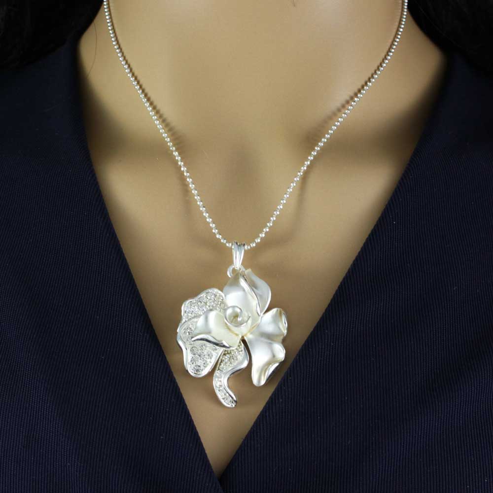 Model with Lilylin Designs Frosted Crystal Rose Rose Pendant on Bead Chain