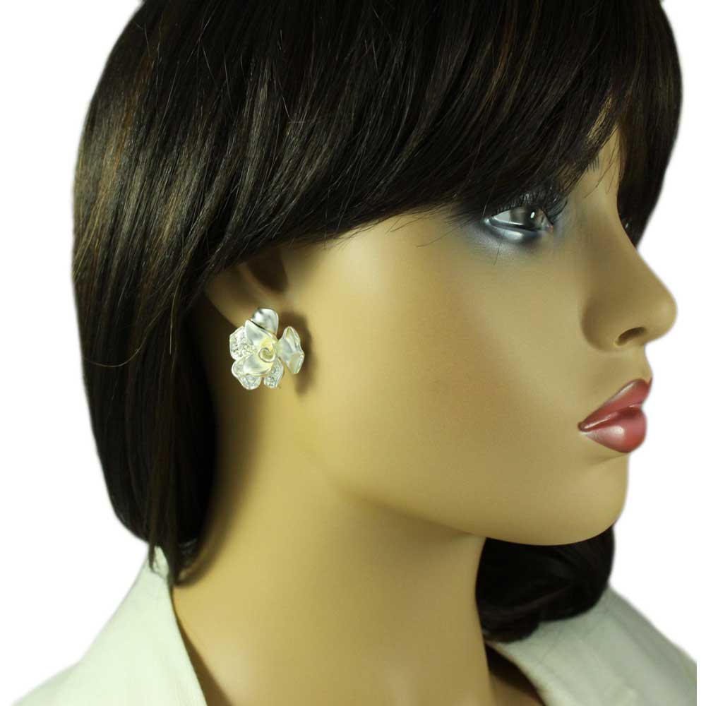 Model with Lilylin Designs Frosted Crystal Rose Necklace and Pierced Earring Set-earring