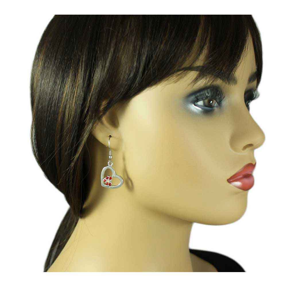 Silver Heart with Red Crystal Heart Dangling Pierced Earring - RSN649E - Lilylin Designs