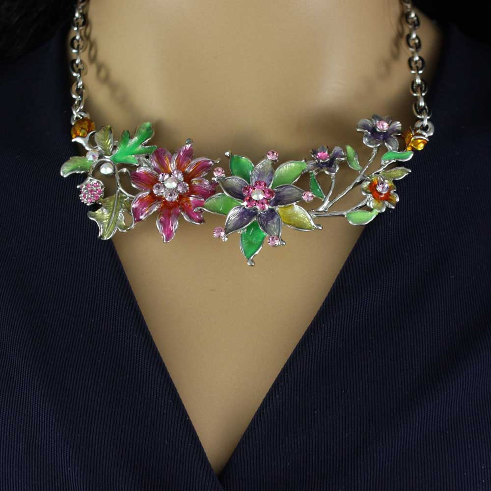 Colorful Enamel and Crystal Flower Garden Chain Necklace - RSN690 - Lilylin Designs
