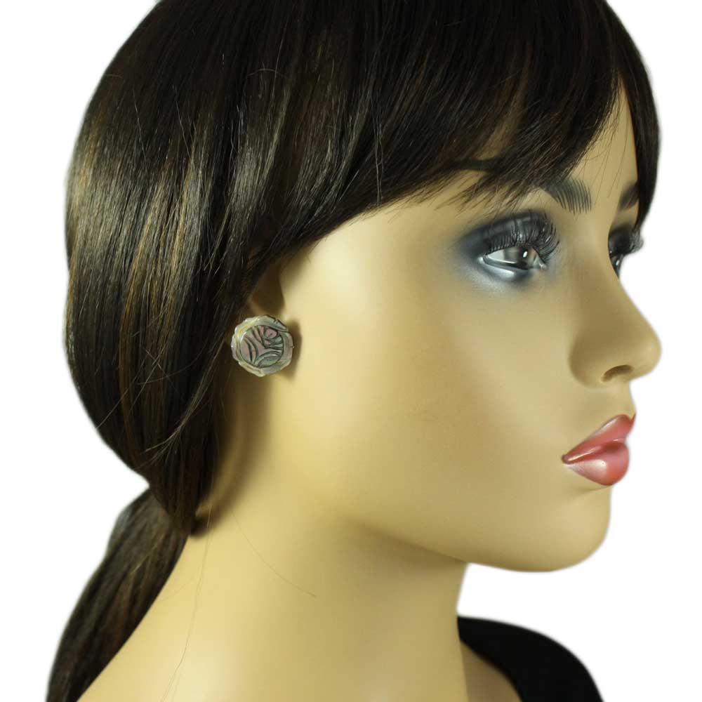 Brown Genuine Shell Engraved Rose Pierced Earring - SLP061E - Lilylin Designs