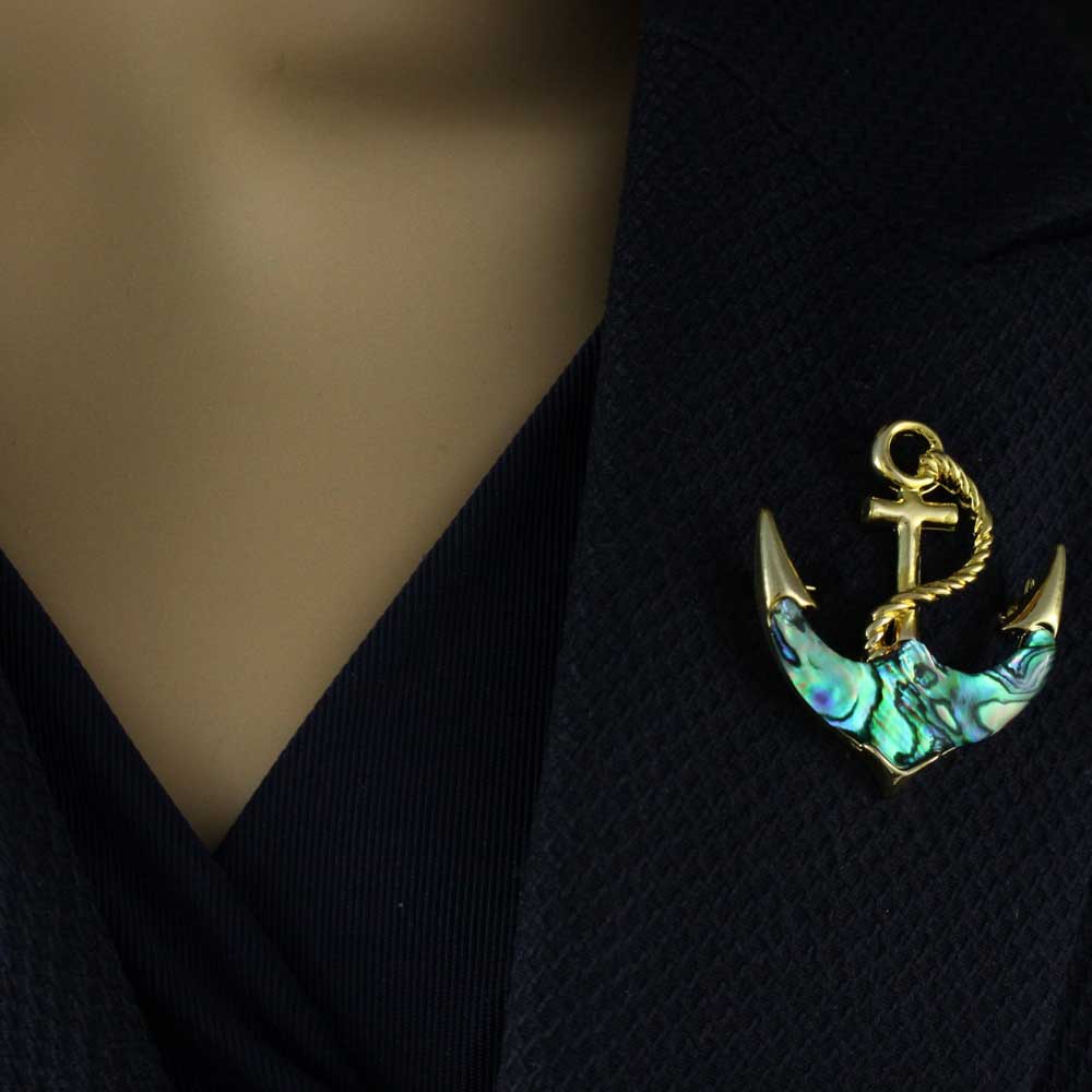 Blue and Green Genuine Paua Shell Anchor Brooch Pin - SLP945A - Lilylin Designs