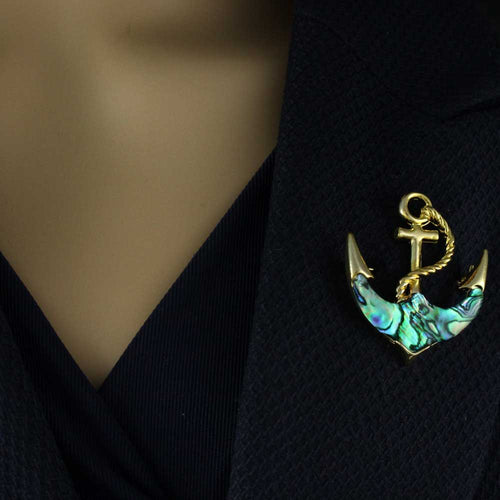 Blue and Green Genuine Paua Shell Anchor Brooch Pin - SLP945A - Lilylin Designs