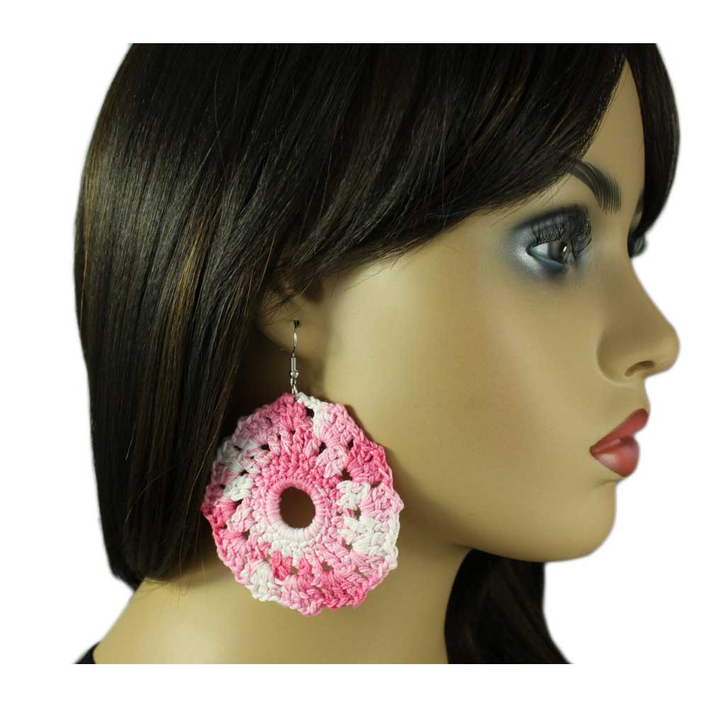 Large Pink and White Crochet Flower Dangling Pierced Earring - STXE02 - Lilylin Designs