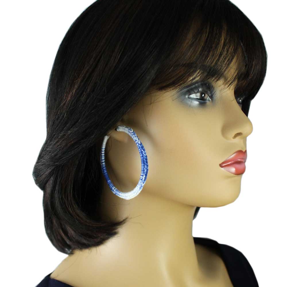 Large Blue and White Hoop Crochet Pierced Earring - STXE03 - Lilylin Designs