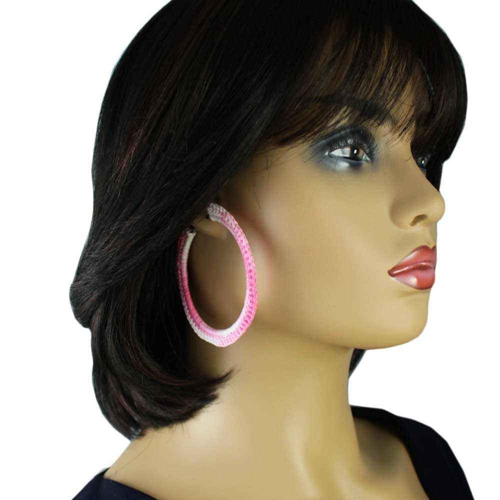 Large Pink and White Crochet Hoop Pierced Earring - STXE04 - Lilylin Designs