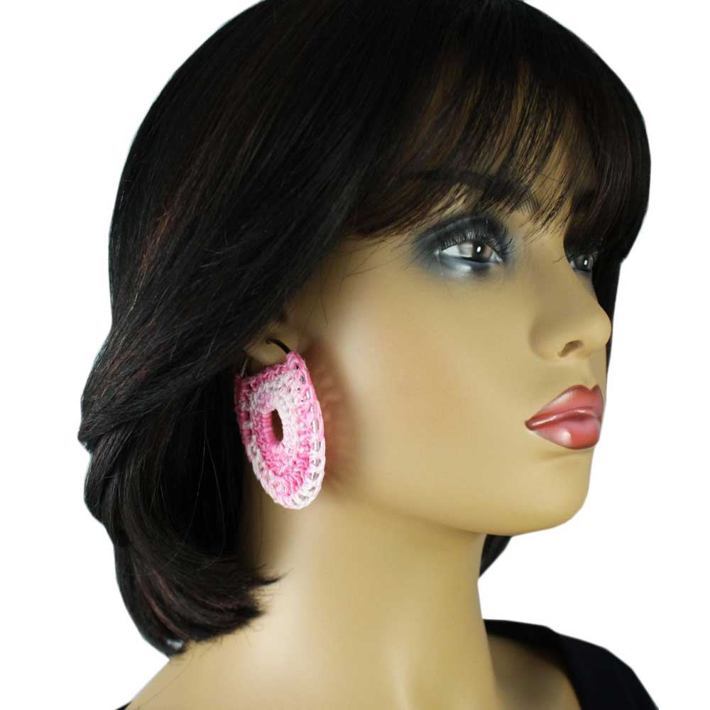Large Pink and White Hoop with Crochet Center Pierced Earring - STXE05 - Lilylin Designs