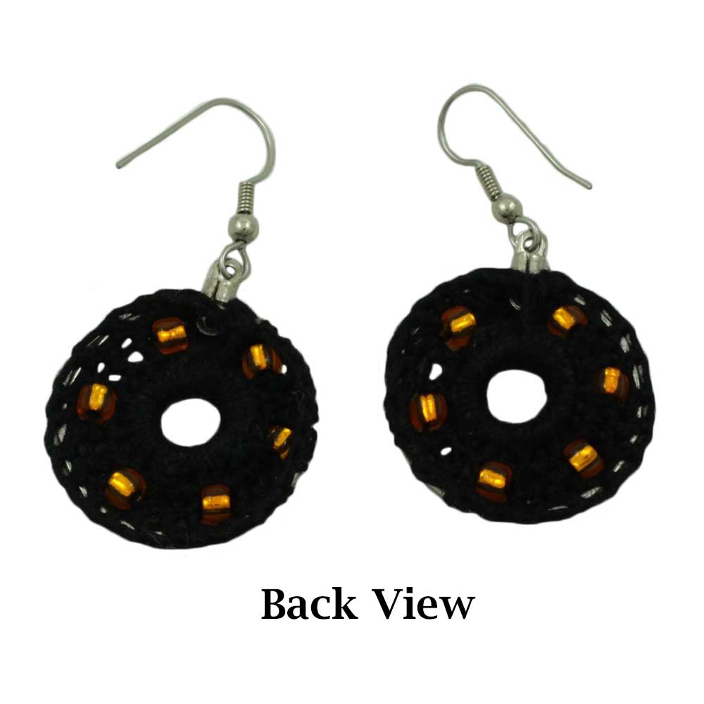 Black Crochet Circle with Gold Beads Dangle Pierced Earring - STXE10 - Lilylin Designs