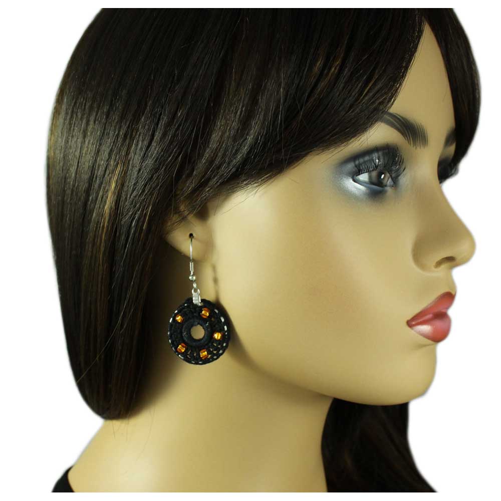 Black Crochet Circle with Gold Beads Dangle Pierced Earring - STXE10 - Lilylin Designs