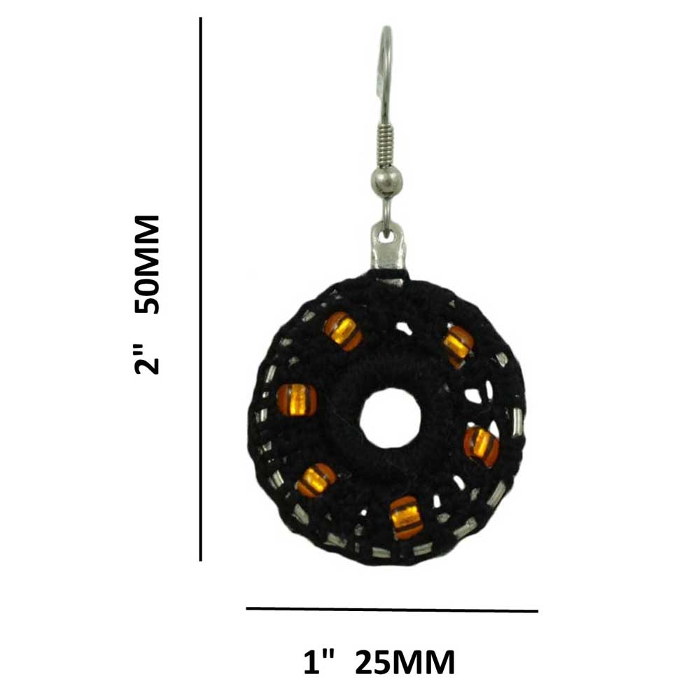 Black Crochet Circle with Gold Beads Dangle Pierced Earring - STXE10 - Lilylin Designs