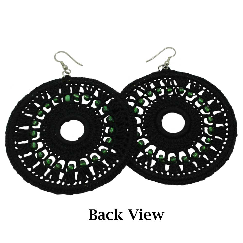 Large Black Crochet Circle with Green Beads Pierced Earring - STXE12 - Lilylin Designs