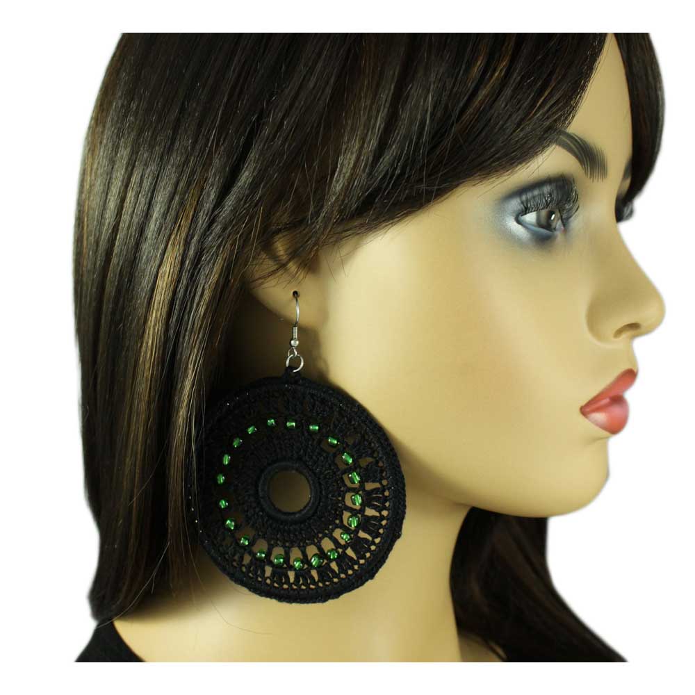 Large Black Crochet Circle with Green Beads Pierced Earring - STXE12 - Lilylin Designs