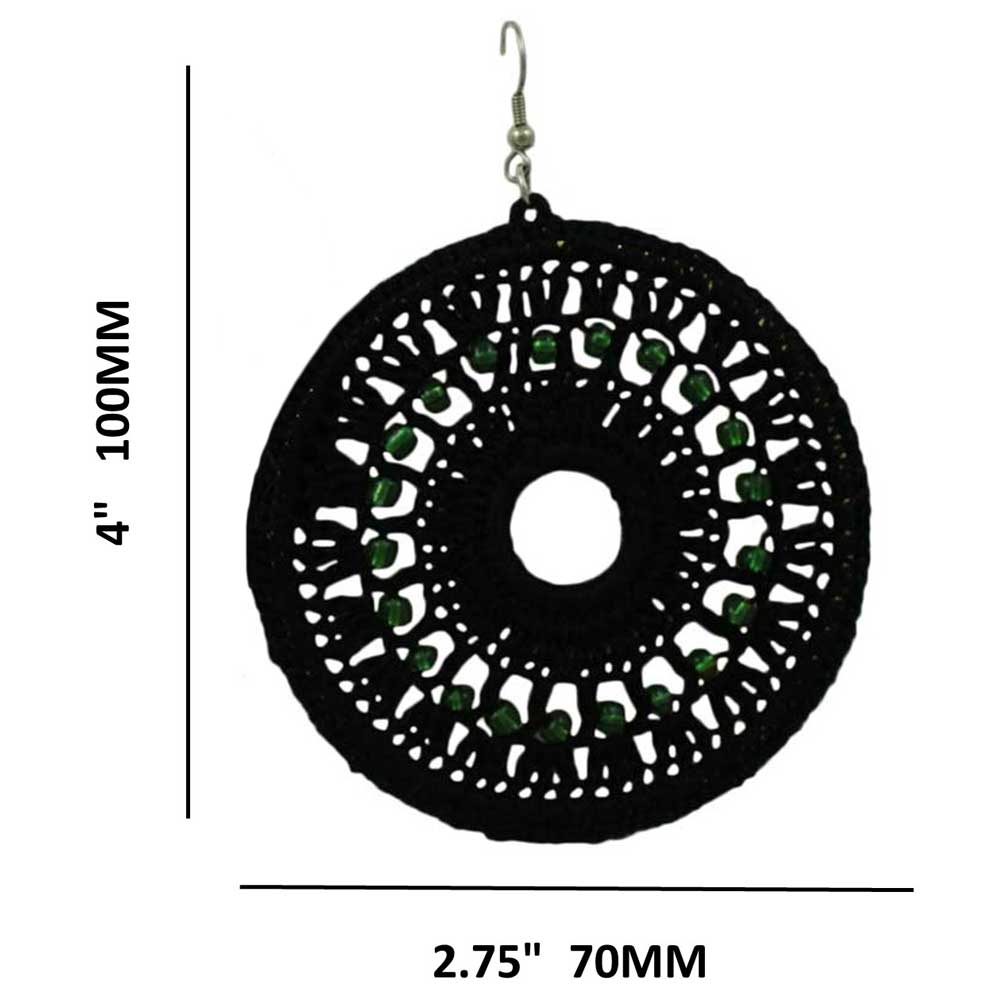 Large Black Crochet Circle with Green Beads Pierced Earring - STXE12 - Lilylin Designs