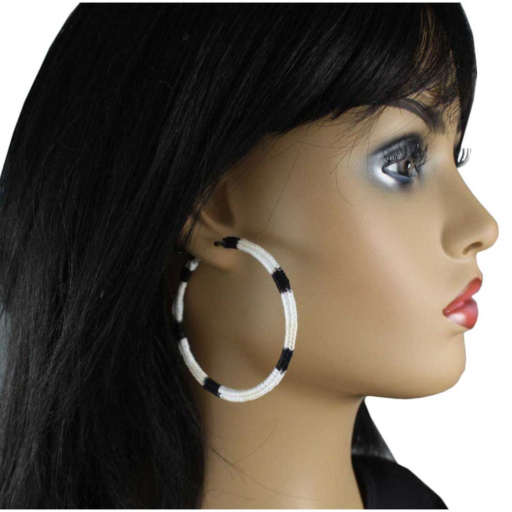 Large Black, White, Tan Crochet Hoop Pierced Earring - STXE18 - Lilylin Designs