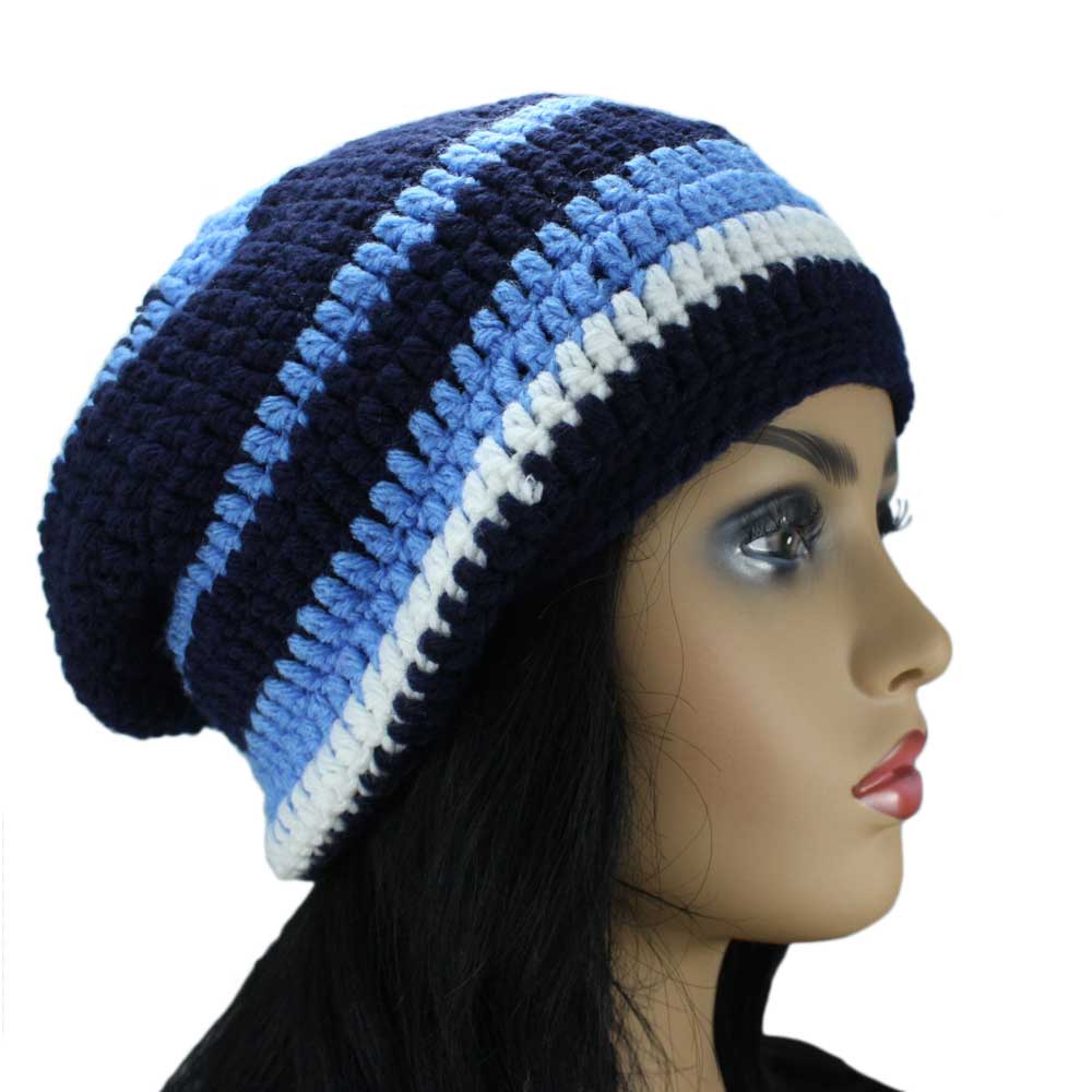 Model with Lilylin Designs Blue and White Slouchy Beanie Crochet Hat-side