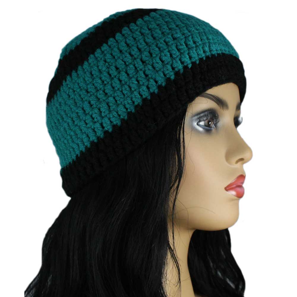 Model with Lilylin Designs Green with Black Trim Crochet Beanie Hat-side