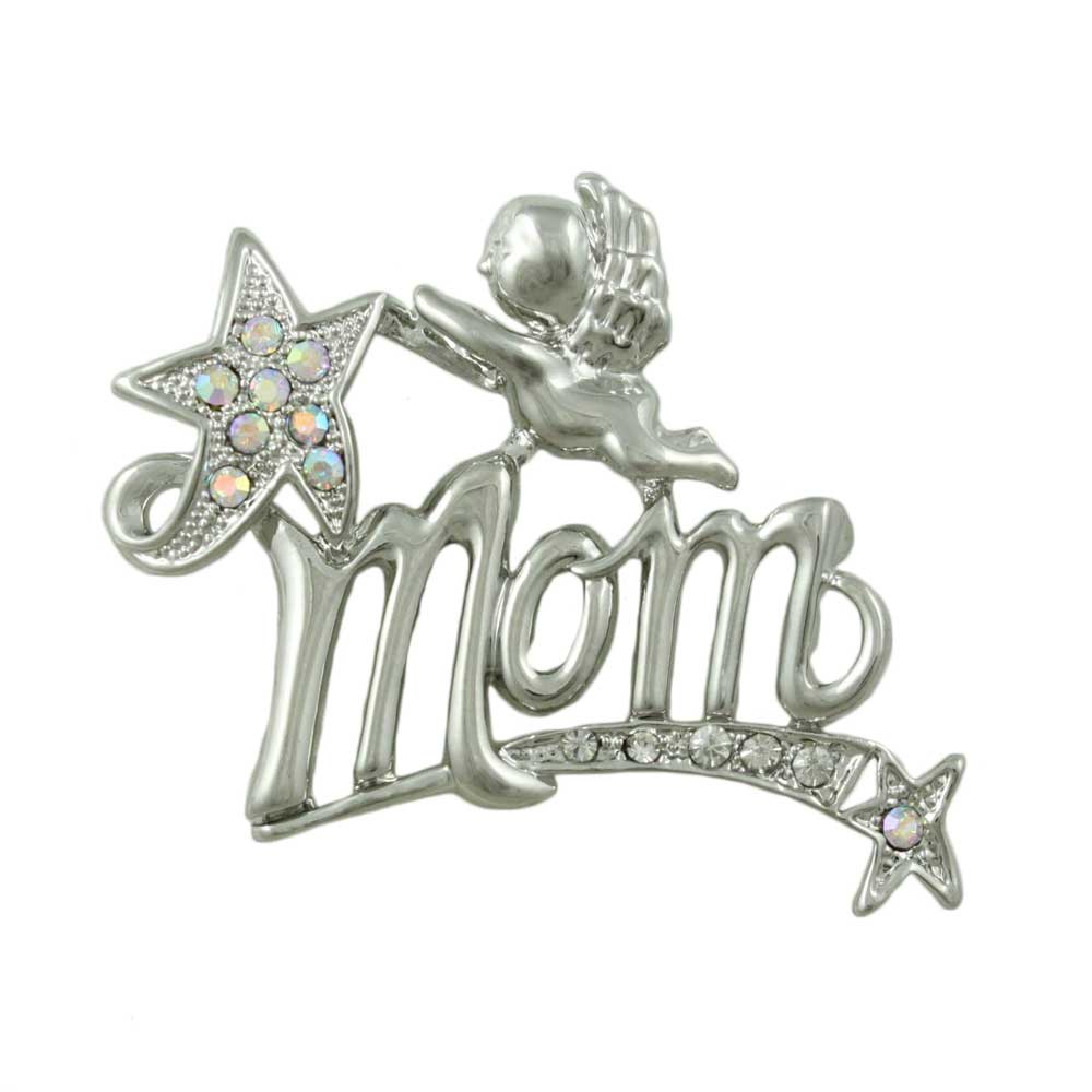 Silver MOM Cherub and Crystal Shooting Star Brooch Pin - Lilylin Designs