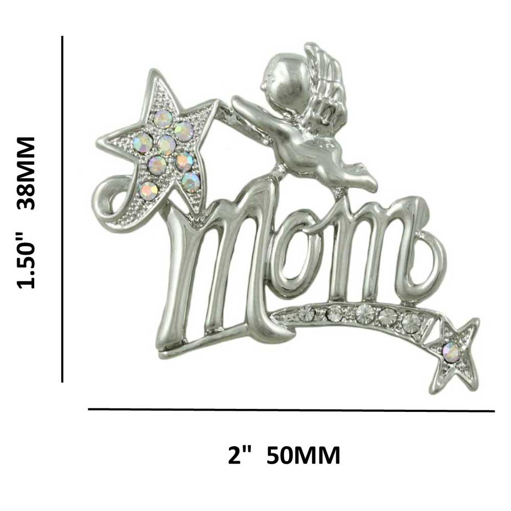 Silver MOM Cherub and Crystal Shooting Star Brooch Pin with measurements - Lilylin Designs