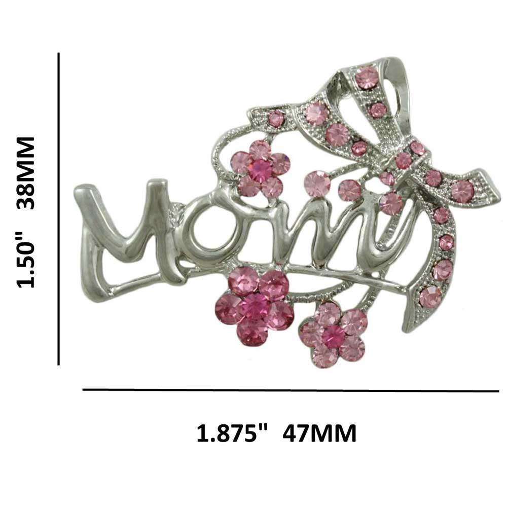 Silver with Pink Crystal Flowers and Bow MOM Brooch Pin shown with measurements - Lilylin Designs