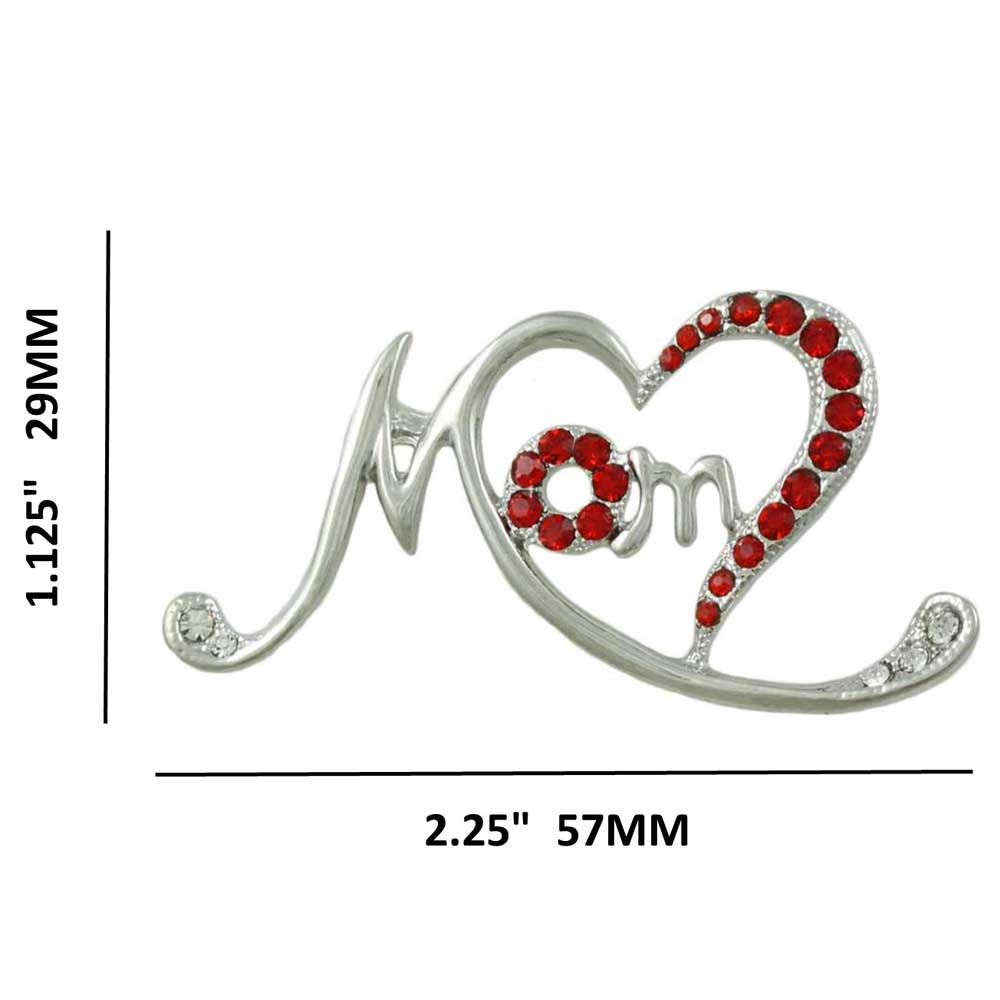 Silver Stylized Open Heart with Red Crystals MOM Pin with measurements - Lilylin Designs